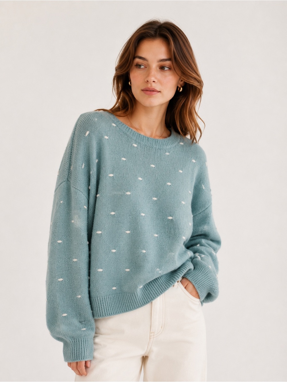 Rain + Rose Cozy Mint Blue Dot Crewneck Sweater